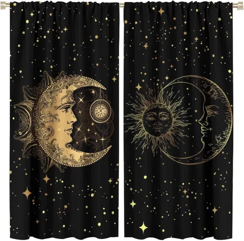 Vista 76 de Cortinas opacas con diseño de sol y luna, cuerpos celestes bohemios, con diseño de sol, luna y estrellas, para sala de estar, dormitorio, 42 x 45