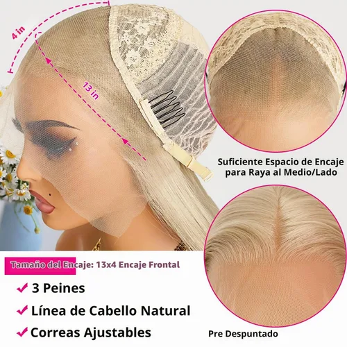 Vista 6 de Peluca con encaje frontal rubia ceniza, de 22 pulgadas de largo cabello sintético lacio, línea capilar prerasgueada, fácil de instalar, ligera
