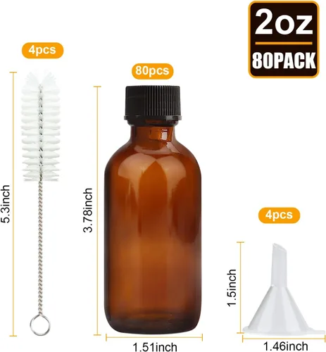 Vista 2 de Maredash - Botellas de vidrio ámbar de 2 onzas, pequeñas botellas redondas de vidrio Boston, paquete de 80 Con tapas a prueba de fugas, recipiente