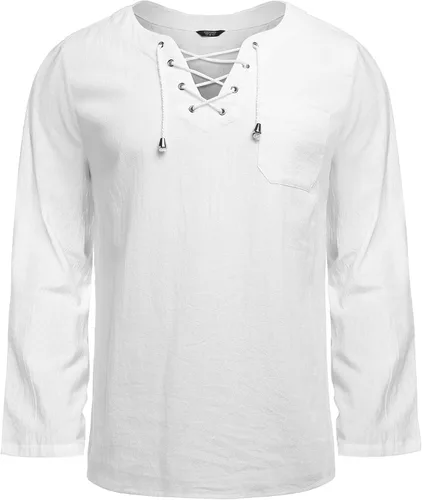 Vista 4 de COOFANDY Camisas de lino de algodón para hombre, con cordones, casuales, para playa, hippie, cuello en V