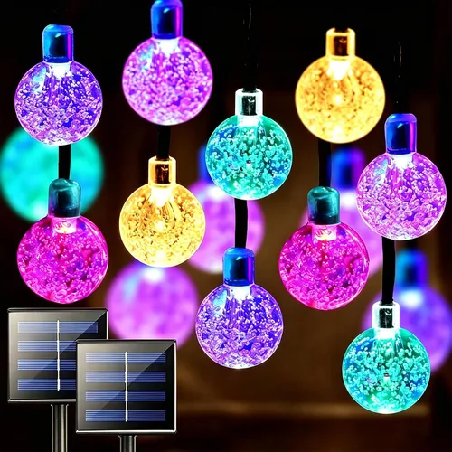 Vista 7 de Guirnalda de luces solares para exteriores, 100 luces LED de 40 pies de globo de cristal multicolor con 8 modos de iluminación, luces solares