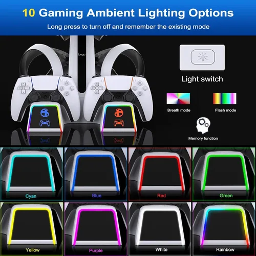 Vista 4 de Estación de carga RGB para PSVR 2/PS5 Edge/controlador PS5 con adaptador de CA, soporte PSVR2 con accesorios PS VR2 para auriculares PS5VR2