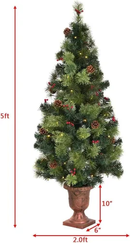 Vista 5 de Árbol de Navidad pequeño de 5 pies con base de maceta dorada, 100 luces, 12 bayas rojas y 12 piñas