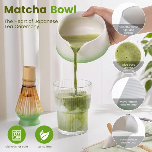 Vista 6 de Juego de 7 batidores de matcha, kit completo de ceremonia de té japonés con cuenco de cerámica (Chawan) y batidor de bambú, juego tradicional