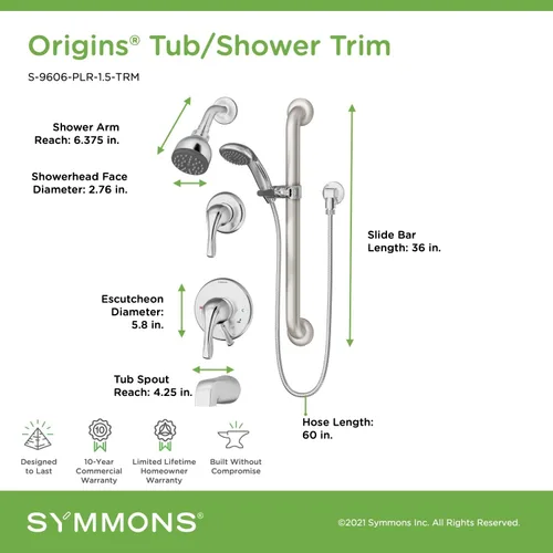 Vista 2 de Symmons S-9606-PLR-1.5-TRM Origins - Bañera de 2 manijas y 1 regadera con 1 rociador de ducha de mano en cromo pulido (válvulas no incluidas)