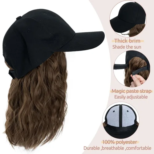 Vista 2 de S-noilite Peluca de gorra de béisbol con extensiones de cabello, 8 pulgadas, corta, rizada, ondulada, estilo Bob, peinado, ajustable, con cabello