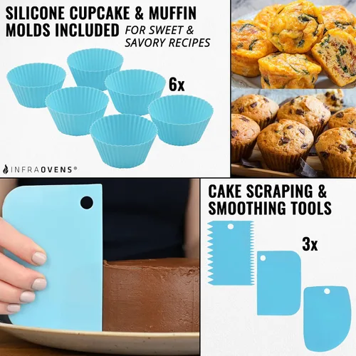 Vista 5 de INFRAOVENS Moldes redondos de silicona para pasteles y cupcakes – Moldes antiadherentes para hornear con tabla de conversión de cocina y folleto