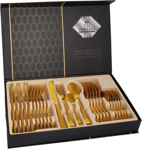 Vista 10 de Juego de cubiertos de acero inoxidable, juego de vajilla de 20 piezas, elegante cuchillo, tenedor, cuchara, cubiertos, servicio para 4 (dorado)