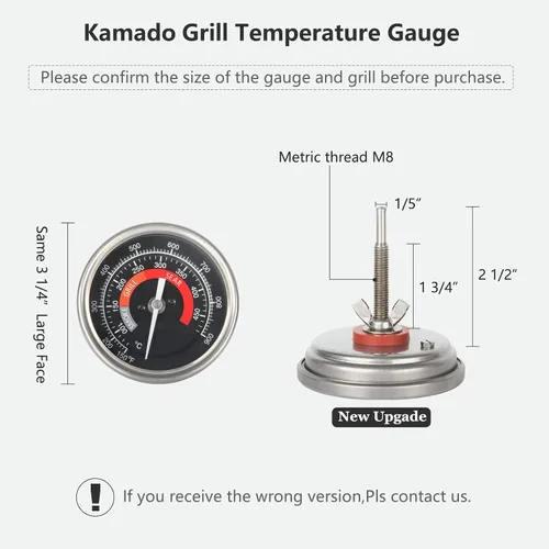 Vista 2 de Medidor de temperatura para parrilla de barbacoa, impermeable, cara grande para Kamado Joe, parrilla de carbón, acero inoxidable, 150-900 °F