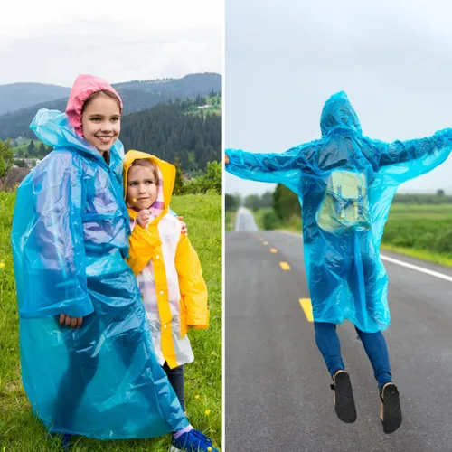 Vista 2 de Paquete de 4 impermeables portátiles, impermeables desechables de emergencia para niños, poncho de lluvia impermeable para viajes, campamento