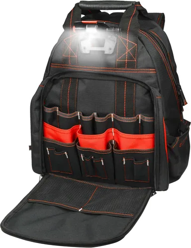 Vista 5 de Hultafors Work Gear HTL523 Mochila iluminada para herramientas, 50 bolsillos, portaherramientas de poliéster balístico resistente, luz giratoria