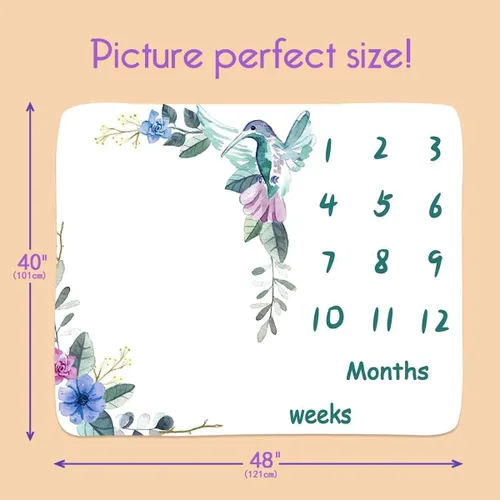 Vista 2 de BTXTPH504 - Manta mensual de hitos para bebé, tabla de crecimiento personalizada de pájaro floral azul, fotos de bebé, 48 x 40 pulgadas, fondo