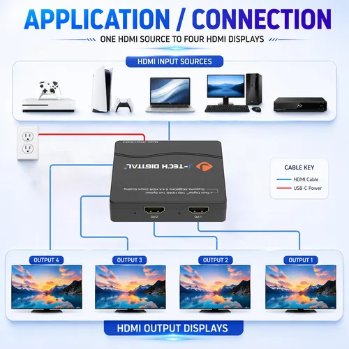 Vista 3 de J-Tech Digital Divisor HDMI 4K 60Hz 1X4 Salida de Resolución Múltiple (MRO) Divisor HDMI 2.0 Soporta reducción HDR HDR10 / Visión Dolby 4K@60Hz