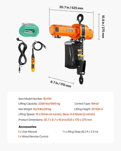 Vista 7 de VEVOR Polipasto eléctrico de cadena de 2 velocidades, 2200 libras, altura de elevación de 20 pies, grúa monofásica de 120 V 60 Hz con control remoto