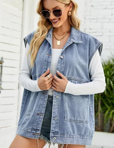 Vista 3 de Huaqiao Chaleco de mezclilla para mujer, chaqueta media larga, chaleco sin mangas con bolsillos