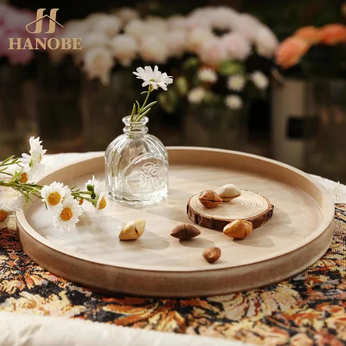 Vista 2 de Hanobe Bandeja decorativa redonda para decoración de mesa auxiliar, acabado Beige