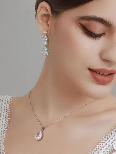 Vista 3 de SWEETV Juego de joyas de boda de lágrima para mujeres, novias, damas de honor, collar de novia de cristal, aretes de gota, disfraz de graduación