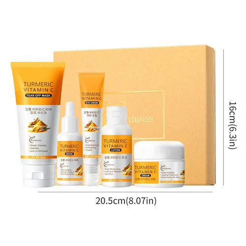 Vista 7 de Juego de cuidado de la piel de cúrcuma para mujeres, kit de cuidado facial hidratante y nutritivo con limpiador, tónico, suero, crema para ojos e
