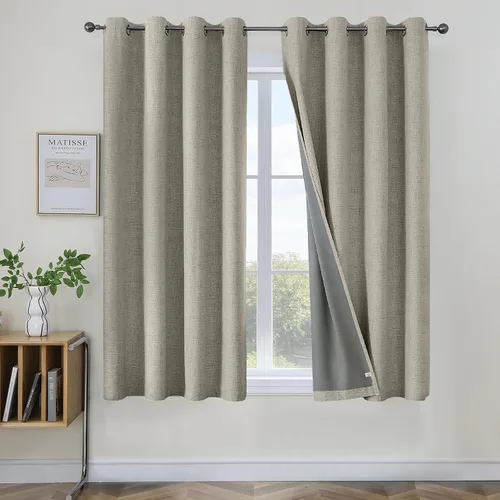 Vista 33 de Joydeco Cortinas negras 100% opacas para dormitorio, oscurecimiento de habitación, aislamiento térmico, cortinas cortas texturizadas con ojales
