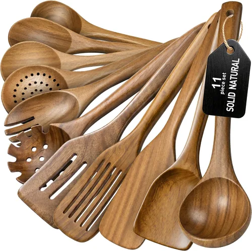 Vista 9 de Cucharas de madera para cocinar, juego de utensilios de cocina de madera, juego de 10 piezas de utensilios de cocina de madera con cucharas