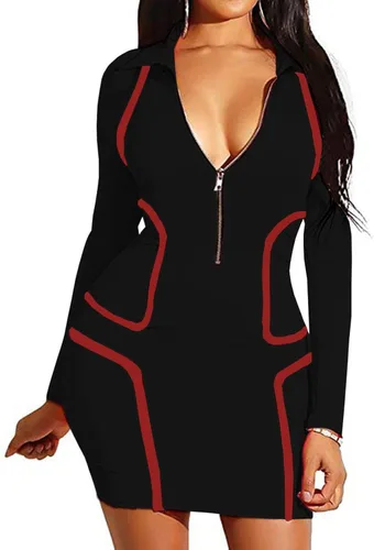 Vista 3 de PerZeal Vestido corto sexy ajustado para mujer, con cremallera frontal, cuello en V profundo, manga larga, club, fiesta, vestido corto