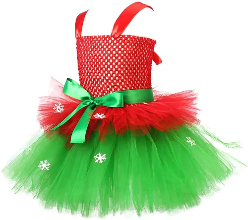 Vista 6 de IBTOM CASTLE Disfraces de elfo para niños, vestido de tul y sombrero verde para niña, ayudante de Papá Noel, sesión de fotos de Navidad