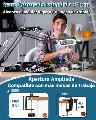 Vista 3 de 12 lupas con luz y soporte, lente rectangular de vidrio real, brazo giratorio grande de 2 x 16 pulgadas, lámpara de escritorio con abrazadera