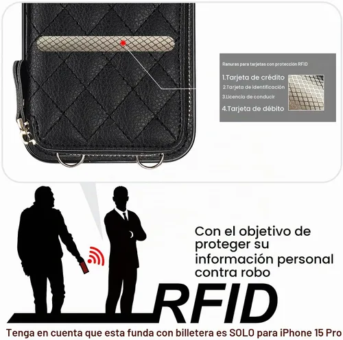 Vista 3 de Bocasal Funda tipo cartera con bandolera para iPhone 15 Pro, cartera de mano de piel sintética con cremallera y bloqueo RFID, funda tipo cartera