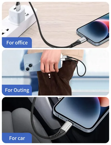 Vista 4 de Cable de carga corto para iPhone de 6 pulgadas, paquete de 3 cables USB a Lightning de 0.5 pies trenzados para iPhone 14, 13, 12, 11 Pro Max, Xs 8