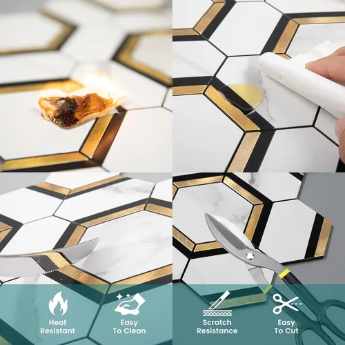 Vista 5 de Azulejos hexagonales para salpicaduras de pelar y pegar, mármol blanco con oro, PVC mezclado de metal de 10 hojas, azulejos hexagonales para cocina