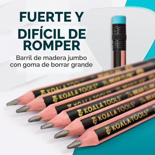 Vista 7 de KOALA TOOLS Lápices Garra de Oso Paquete de 1 (6 Lápices) - Gruesos, Resistentes, Agarre Triangular, Grafito, Mina 2B con Goma de Borrar