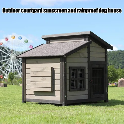 Vista 2 de Casa para perros al aire libre, perrera elevada de madera para mascotas con techo de asfalto, puerta delantera, ventana lateral, porche para perros