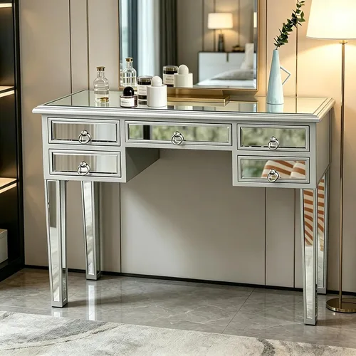 Vista 8 de Henf Mesa de consola con espejo, mesa de tocador de maquillaje, mesa de entrada plateada de 3 cajones para mujeres y niñas, entrada, hogar, oficina