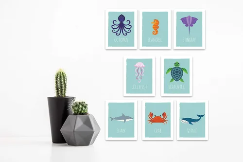 Vista 6 de Tarjetas de pared de animales del océano, decoración náutica de cuarto de bebé, arte marino educativo para niños, regalo para niños, juego de 8