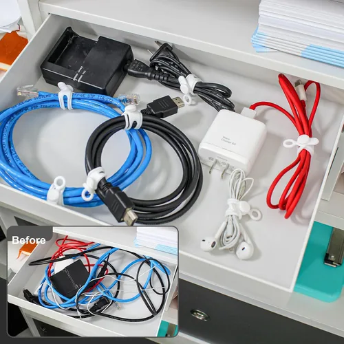 Vista 6 de Kit organizador de cables de 48 piezas, bridas de silicona reutilizables, clips adhesivos fuertes para gestión de cables, gestión de cables
