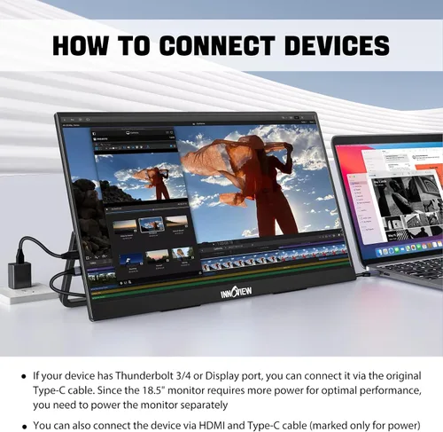 Vista 2 de InnoView Monitor portátil de 18.5 pulgadas 100HZ 120% sRGB, 1080P FHD IPS Monitores portátiles grandes para laptop USB C HDMI HDR Monitor de viaje