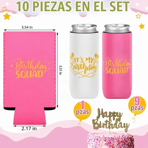 Vista 2 de Layhit - 10 fundas para enfriar latas de cumpleaños, color blanco, rosa neón