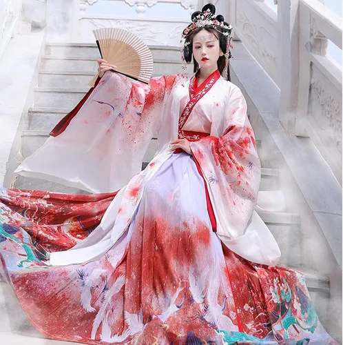 Vista 3 de Hanfu - Disfraz tradicional chino de Hanfu para mujer, falda de hada, para cosplay o carnaval, color beige, talla extragrande.