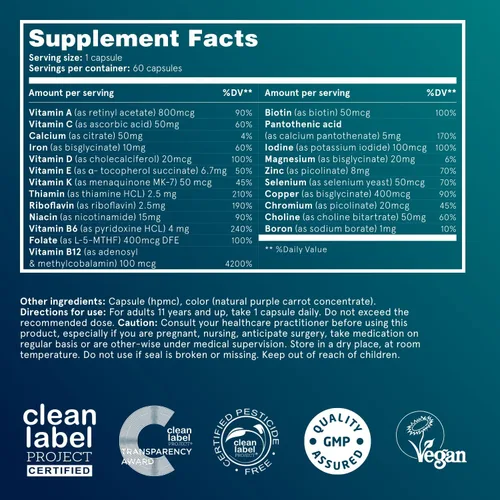Vista 6 de Puori Complejo vegano multivitamínico y mineral para hombres y mujeres, multivitaminas mezcladas con 13 vitaminas esenciales y 9 minerales