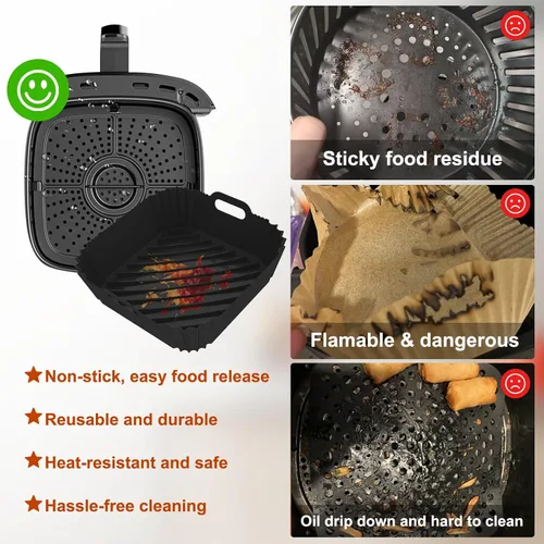 Vista 6 de Paquete de 2 forros de silicona reutilizables para freidora de aire de 7.1 pulgadas, forros cuadrados para freidora de aire de 4 a 7 cuartos