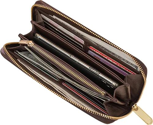 Vista 8 de Veki Billetera para mujer con doble cremallera y correa para la muñeca, monedero de cuero para tarjetas de crédito para mujeres y hombres, Negro A