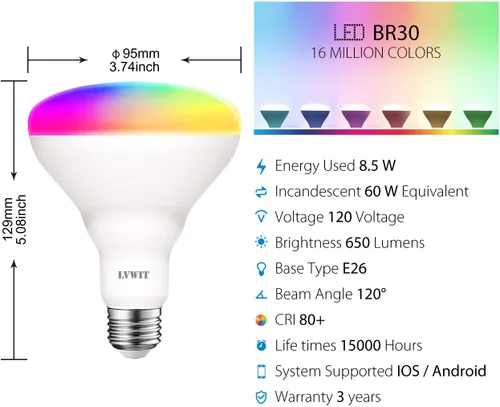 Vista 3 de LVWIT Bombillas inteligentes Alexa, BR30 equivalente a 60 W, LED inteligente E26, funciona con Google Assistant, aplicación Smart Life, aplicación