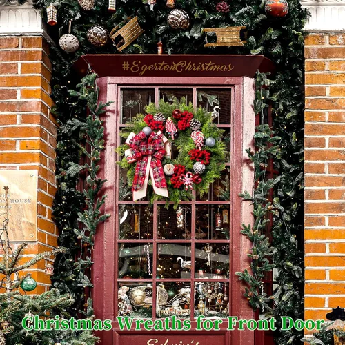 Vista 5 de Coronas de Navidad para puerta delantera, corona de puerta de Navidad artificial iluminada de 20 pulgadas con lazo de bola de piruletas de caramelo