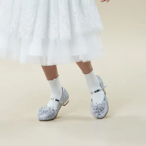 Vista 6 de AMFIXME Zapatos de vestir para niñas con 2 pares de calcetines, zapatos de tacón bajo Mary Jane para boda, fiesta, flores, zapatos de princesa