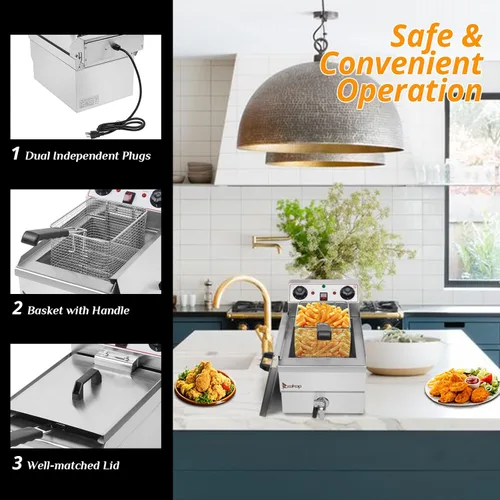 Vista 3 de Winado Freidora Eléctrica Profunda de 12.5QT con Control de Tiempo y Filtración de Aceite, 11.8L de Acero Inoxidable para Encimera con Control