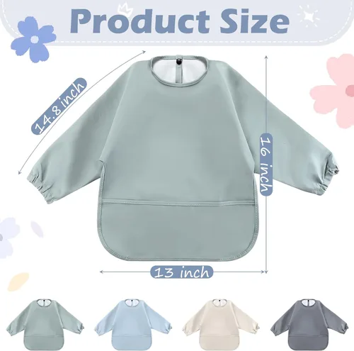 Vista 2 de JaGely Paquete de 4 baberos de manga larga para bebé, impermeables, con puños elásticos, bolsillo grande para bebés que comen y alimentan de 6 a 36
