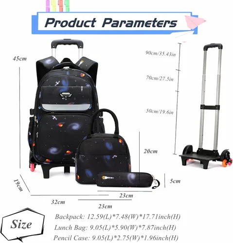 Vista 3 de Mochila escolar con ruedas con estampado de galaxias para niños de primaria, 3pcs-a-galaxy-6 ruedas-negro, Moderno