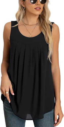 Vista 2 de QUEZHU Blusas y tops de verano para mujer, blusas de gasa de doble capa, ajuste holgado, cuello redondo, túnica sin mangas