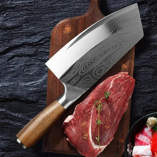 Vista 3 de Cuchillo de carnicero de carne, cuchillo de cocina de 7.5 pulgadas con patrón láser de damasco, cuchillo de chef chino de acero inoxidable, cuchillo