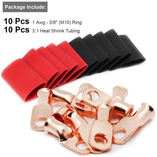 Vista 8 de 10 piezas de lengüetas de batería de 1 AWG-3/8, lengüetas de cable de cobre, extremos de cable de batería resistentes listados UL, terminales